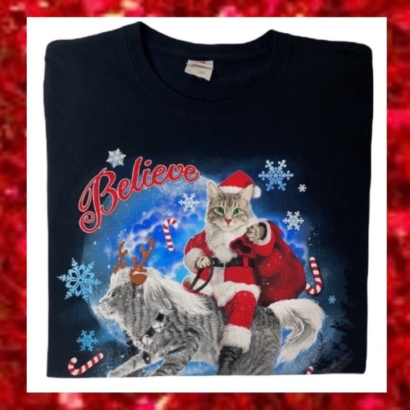Christmas Shirt Cat Kitten Believe Luxury Graphic T-shirt Womens Red Size Large - Picture 1 of 12